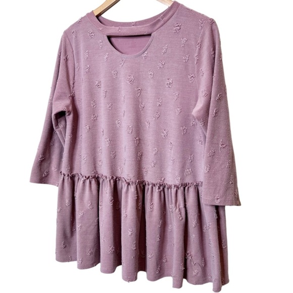 Entro Women’s Pink Rose Distressed Babydoll Tier Ruffle Keyhole Cutout Blouse - Picture 7 of 15